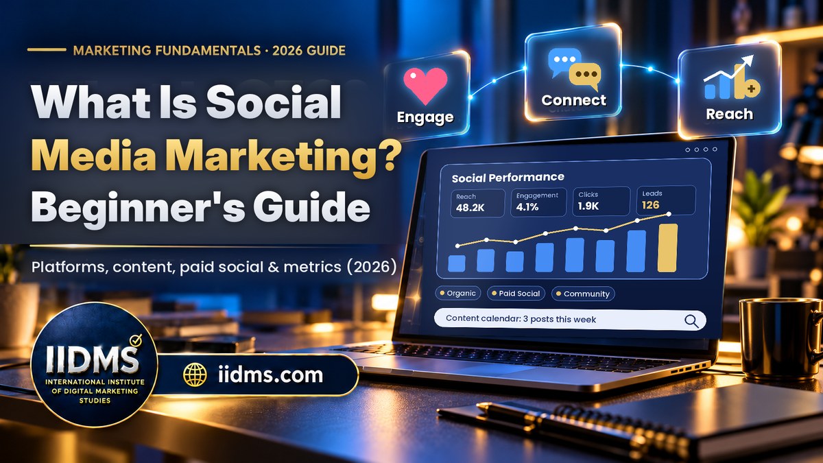 What is social media marketing beginner’s guide 2026 cover showing a social performance dashboard with reach, engagement and leads
